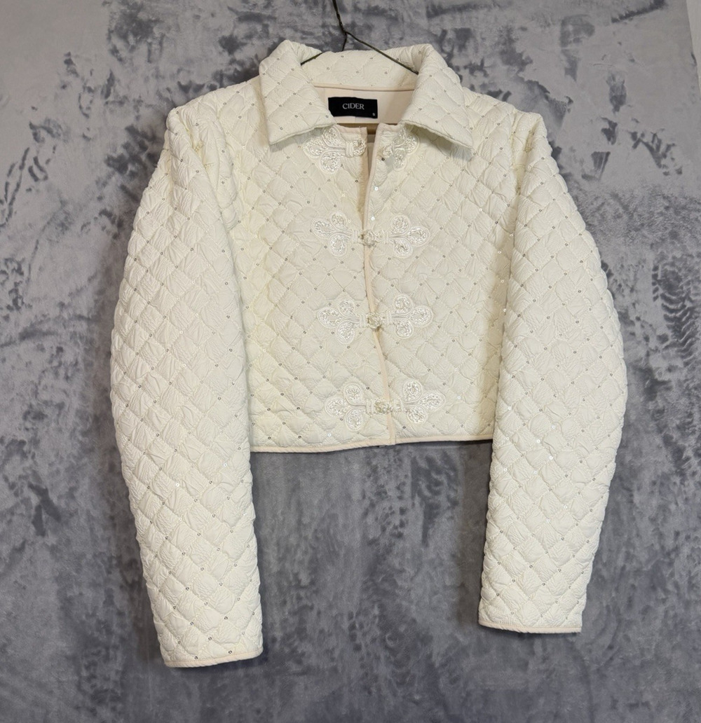 Cider Quilted Cropped Jacket Womens Small Cream Sequin Frog Knot Frog Closure